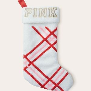 VICTORIA'S SECRET PINK FURRY SOFT CHRISTMAS STOCKING LINED WHITE RED PIN…